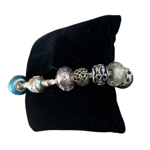 Pandora White Leather Charm Bracelet  Multicolor Beads Silver Dangling Accent - Picture 5 of 8